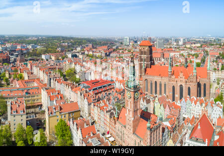 The old town of Gdansk with the tower of the museum and St. Mary's Basilica seen from the bird's eye view. Stock Photo