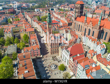 Gdańsk - a bird's eye view of Długi Targ, the Neptune fountain and the museum tower. Tourist attractions and monuments of the old town. Stock Photo