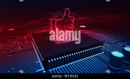 Thumb up sign hologram over working cpu in background. Like hand symbol, success and social media sign. Futuristic over circuit board 3d illustration. Stock Photo