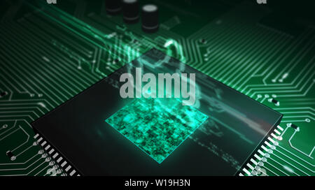 Thumb up sign hologram over working cpu in background. Like hand symbol, success and social media sign. Futuristic over circuit board 3d illustration. Stock Photo