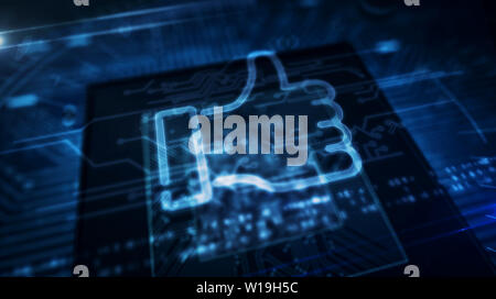 Thumb up sign hologram over working cpu in background. Like hand symbol, success and social media sign. Futuristic over circuit board 3d illustration. Stock Photo