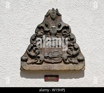 Robertson of Struan coat-of-arms. The House of Bruar, Blair Atholl, Perth and Kinross, Scotland, United Kingdom, Europe. Stock Photo