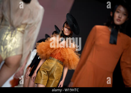 Berlin, Germany. 01st July, 2019. Models present the fashion of designer Danny Reinke at the E-Werk. The collections for Spring/Summer 2020 will be presented at Berlin Fashion Week. Credit: Monika Skolimowska/dpa/Alamy Live News Stock Photo