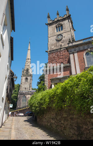 Saint Julian's Church tower in Fish Street in the centre of Shrewsbury, Shropshire, UK Stock Photo