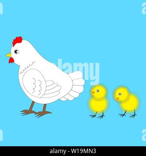 Mother hen with two chickens isolated blue background. Stock Vector