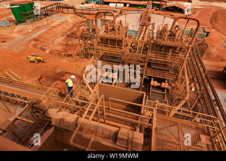 Mining operations for transporting and managing iron ore. View down over haematite process plant at dewatering screens and across to thickener tanks. Stock Photo