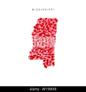 I Love Mississippi. Red and Pink Hearts Pattern Vector Map of Mississippi Isolated on White Background. Stock Vector