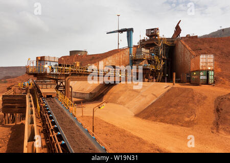 Mining operations for transporting & managing iron ore. Primary crusher with lump ore on conveyor belt and truck unloading product into hopper at top Stock Photo