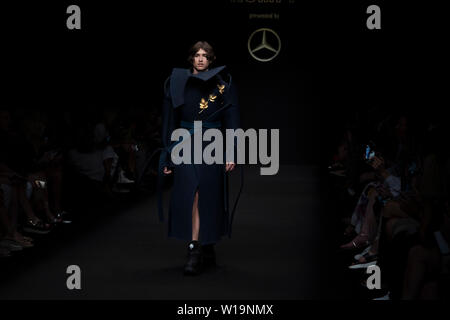 Berlin, Germany. 01st July, 2019. A model during show by Christoph Rump collections presented by Mercedes Benz, Berlin. Credit: Beata Siewicz/Pacific Press/Alamy Live News Stock Photo