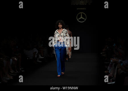 Berlin, Germany. 01st July, 2019. A model during show by Christoph Rump collections presented by Mercedes Benz, Berlin. Credit: Beata Siewicz/Pacific Press/Alamy Live News Stock Photo