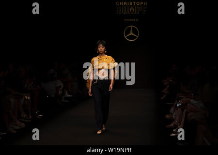 Berlin, Germany. 01st July, 2019. A model during show by Christoph Rump collections presented by Mercedes Benz, Berlin. Credit: Beata Siewicz/Pacific Press/Alamy Live News Stock Photo