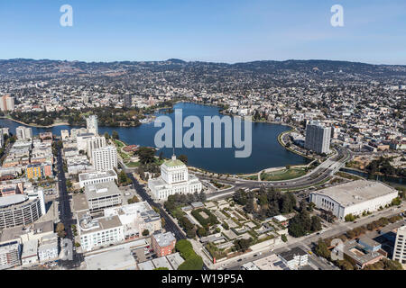 Aerial view of Lake Merritt Park and downtown buildings and streets in Oakland California. Stock Photo