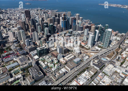 Aerial view of downtown San Francisco, the 80 freeway and waterfront on the scenic California coast. Stock Photo