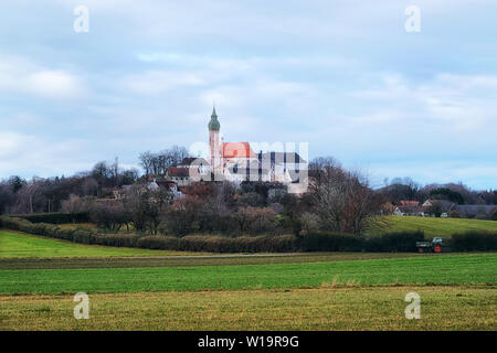 view over fields on the monastery Andechs Stock Photo