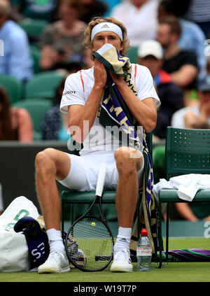 Alexander Zverev during his match against Jiri Vesely on day one of the Wimbledon Championships at the All England Lawn Tennis and Croquet Club, Wimbledon. Stock Photo