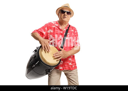 Mature man playing a conga drum and singing isolated on white background Stock Photo