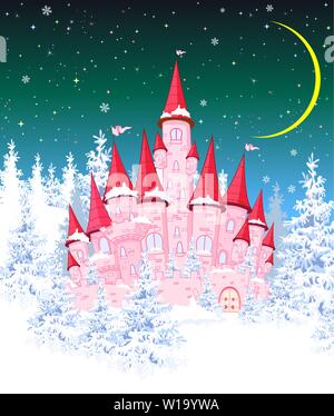 Cartoon pink castle on the background of winter snow-covered forest. Winter landscape with a pink castle in the woods, snow, night, moon. Stock Vector