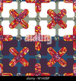 Hand drawn geometric ornament vector seamless pattern. Abstract geometry crosses background. Detailed jewelry texture in modern style for surface desi Stock Vector