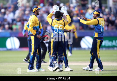 Sri Lanka's Kusal Mendis (centre) celebrates the wicket of West Indies' Fabian Allen during the ICC cricket World Cup group stage match at The Riverside Durham, Chester-le-Street. Stock Photo