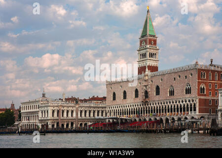 Approaching Venice by sea from the Bacino di San Marco: Campanile di San Marco and the Doge's Palace, Venice, Italy Stock Photo
