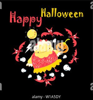 Funny illustration with monster and bats on Halloween. Sample greeting card or poster. Stock Vector