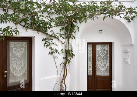Beautiful old white facade with two wooden doors in Alberobello town in Italy. There is a climbing green plant and a vintage mailbox on the wall. Hori Stock Photo