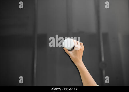 hand using smart speaker on interactive panel Stock Photo
