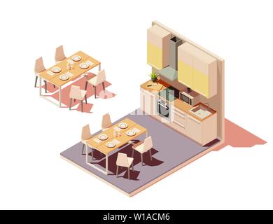 Vector isometric kitchen interior cross-section with island Stock Vector