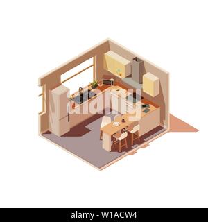Vector isometric kitchen interior cross-section with island Stock Vector