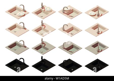 Vector isometric kitchen sink. Set of items to create a scene Stock Vector