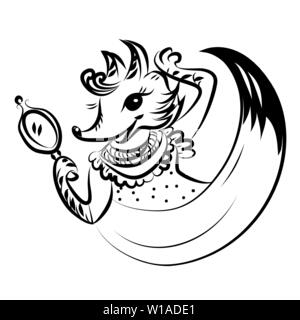 Cute fox woman in a dress is looking at herself in the mirror. Black and white vector for card or gift, for coloring. Stock Vector