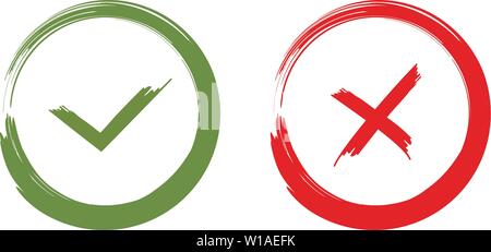 Green check mark OK and red X icons isolated on white background Stock Vector