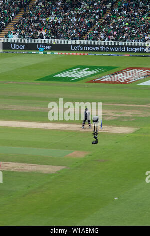 28th June 2019 - NZ batsman being watched by the overhead 'SpiderCam' during their 2019 ICC Cricket World Cup game against Pakistan at Edgbaston, UK Stock Photo