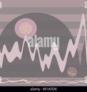 Abstract scandi style sunrise with mountains and waves in soft pink, brown and yellow hues. Seamless vector illustration on striped background. Great Stock Vector