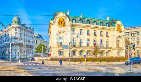 VIENNA, AUSTRIA - FEBRUARY 18, 2019: The urban scene in Schwarzenberg Square with its famous  Art Nouveau mansion of French Embassy, on February 18 in Stock Photo