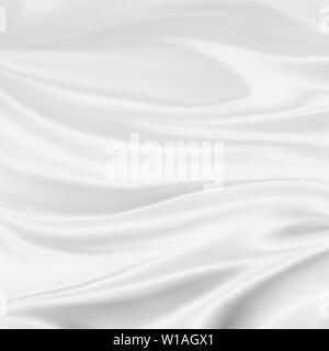 Silver white shiny material with folds in draped silk or satin material  design, luxury white background in wavy rippled cloth with smooth metallic  fabric texture Stock Illustration