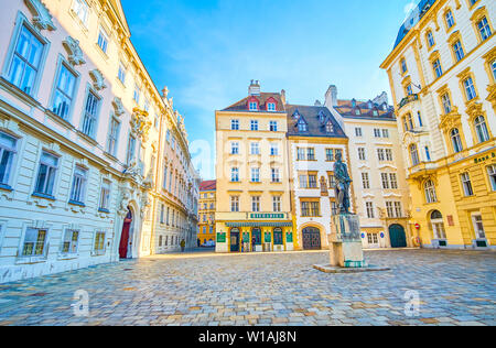 VIENNA, AUSTRIA - FEBRUARY 18, 2019: The  Judenplatz is a former main square on Jewish Quatrer, nowadays boasts beautiful mansions and sculpture of Le Stock Photo