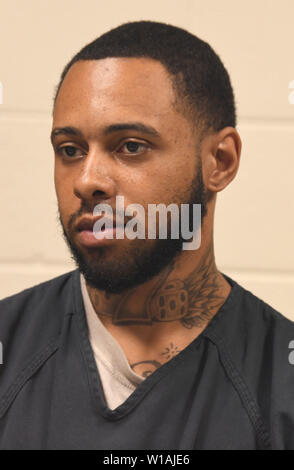 Racine, Wisconsin, USA. 1st July 2019.DALQUAVIS T. WARD, 26, makes his initial video appearance in Racine, Wisconsin court from the Racine County Jail Monday July 1, 2019. Bail was set at $5 million on charges that he shot and killed off-duty Racine Police officer John Hetland June 17 when Hetland tried to stop WARD during an armed robbery at Teezers bar and grill in Racine. Credit: ZUMA Press, Inc./Alamy Live News Stock Photo