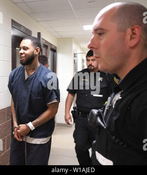 Racine, Wisconsin, USA. 1st July 2019.DALQUAVIS T. WARD, 26, makes his initial video appearance in Racine, Wisconsin court from the Racine County Jail Monday July 1, 2019. Bail was set at $5 million on charges that he shot and killed off-duty Racine Police officer John Hetland June 17 when Hetland tried to stop WARD during an armed robbery at Teezers bar and grill in Racine. Credit: ZUMA Press, Inc./Alamy Live News Stock Photo