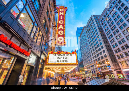 CHICAGO, ILLINOIS - MAY 10, 2018: The landmark Chicago Theatre on State Street at twilight. The historic theater dates from 1921. Stock Photo