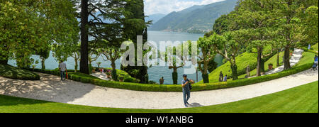 LENNO, LAKE COMO, ITALY - JUNE 2019: Panoramic view of the landscaped garden of the Villa Balbianello in Lenno on Lake Como. Stock Photo