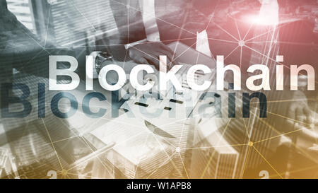 Blockchain technology Concept on server background. Data encryption Stock Photo