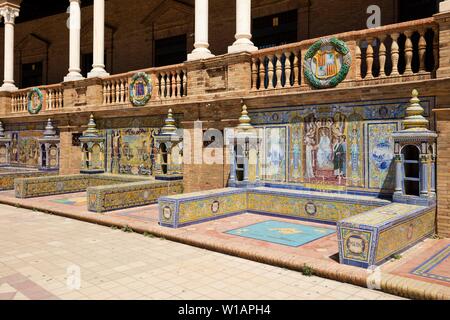 Mosaic pictures from Azulejo tiles, Plaza de Espana, Sevilla, Andalusia, Spain Stock Photo