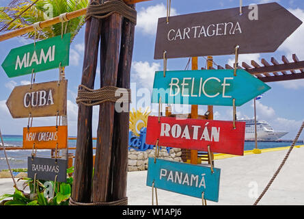 Destination signs on dock at Costa Maya, Mexico. Stock Photo