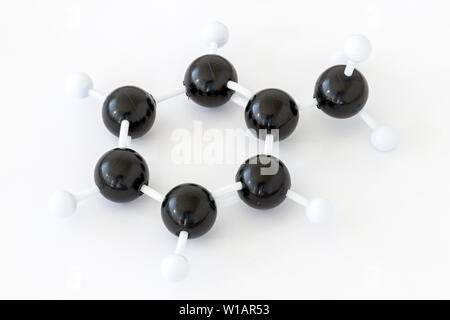 Plastic ball-and-stick model of a toluene or methylbenzene molecule (C7H8), shown with kekule structure on a white background. Methyl group right. Stock Photo