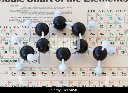 Periodic table of elements with plastic ball-and-stick model of a 1,3 dimethylbenzene molecule (CH3)2C6H4, one of the xylene isomeres. Stock Photo
