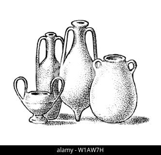 Pottery of ancient Greece. Greek clay pots or vases in vintage antique style. Hand drawn engraved vintage sketch for poster, banner or website. Stock Vector