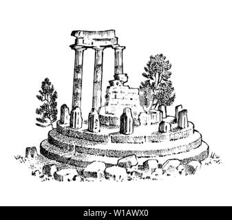 Ruins of ancient Greece. Greek columns, landscape in vintage style. Hand drawn engraved vintage sketch for poster, banner or web site. Stock Vector