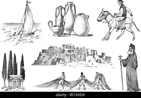 Greek culture. Set of national symbols. Sailboat and priest, jugs and fishing, trees, horse racing and ruins. Hand drawn engraved sketch in vintage Stock Vector