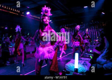 Dancers performing during a show at the Robot Restaurant, Tokyo, Japan Stock Photo